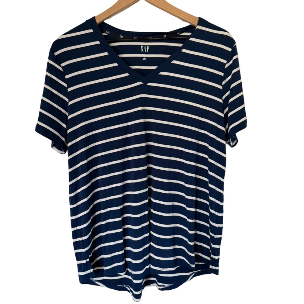 GAP Navy & White Striped Basic V-Neck Tee